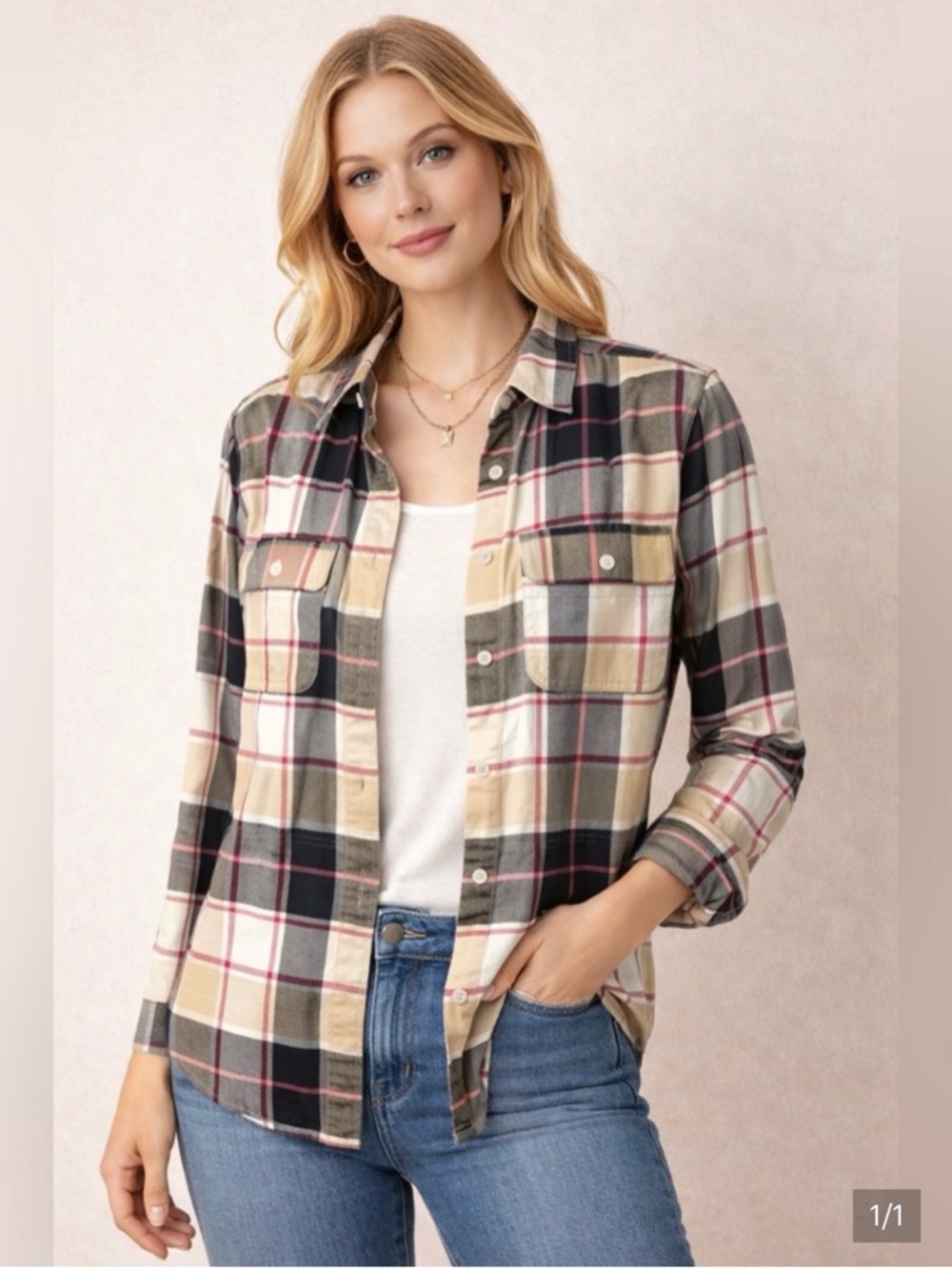 Patagonia Beige Black Pink Plaid Button-Down Shirt